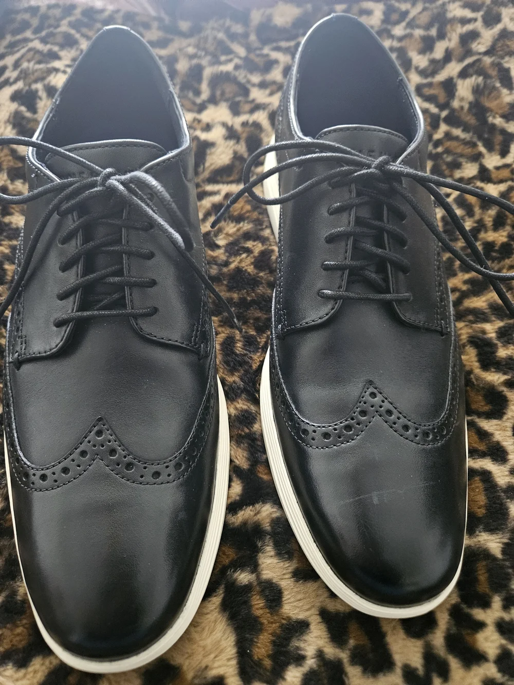 Cole Haan Black Leather Wingtip Derby Shoes with Ivory Soles